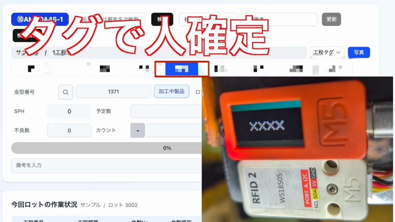 サンプルデータを表示したWebダッシュボードと、プレス機横に取り付けたM5StickC Plus・RFIDユニット